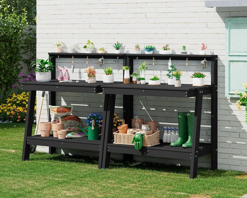 SERWALL Potting Bench Outdoor with Storage Set of 2, 3-Tier HDPE Gardening Table with Angled Legs & Tool Hooks, All-Weather Heavy Duty Potting Table for Patio, Backyard, Garden, Black by GreenHaven Gardens