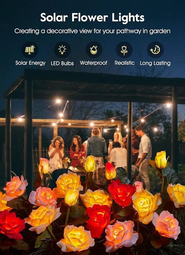 Garden 4 Pack LED Solar Flower Lights with Larger & More Realistic Rose Flowers, Bigger Solar Panel, Waterproof Solar Outdoor Lights for Yard Patio Lawn Pathway Walkway Decoration by GreenHaven Gardens
