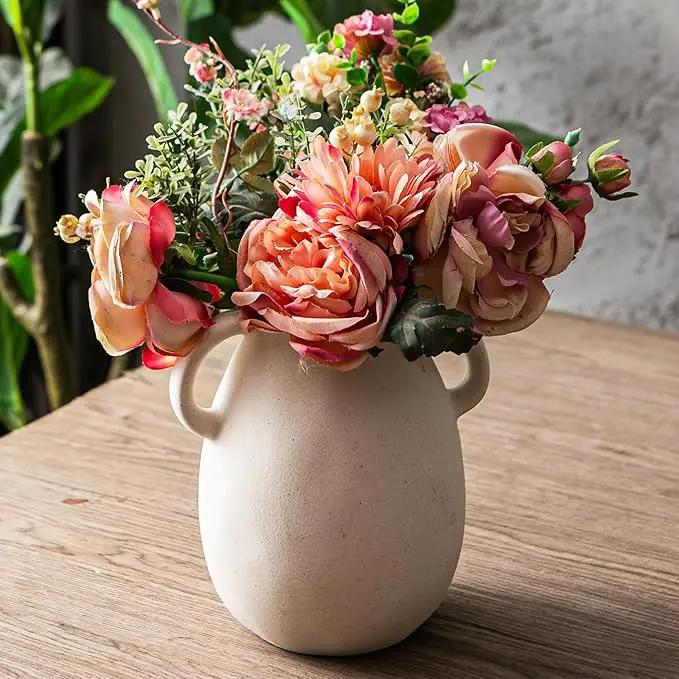 Kimdio White Ceramic Vase with 2 Handles – Sand-Glazed Clay Pottery Vase for Dried Flowers, Rustic Modern Table Decor, Farmhouse Boho Shelf Decoration by GreenHaven Gardens