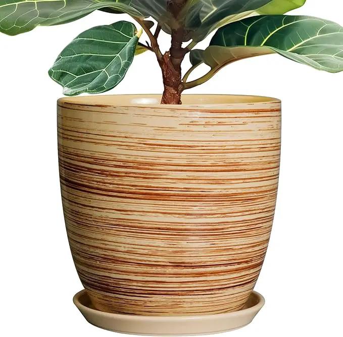 12 Inch Planter Pot Ceramic Plant Pots for Plants with Drainage Hole and Saucer Large Flower Pot for Home Patio Garden Office Yellow by GreenHaven Gardens
