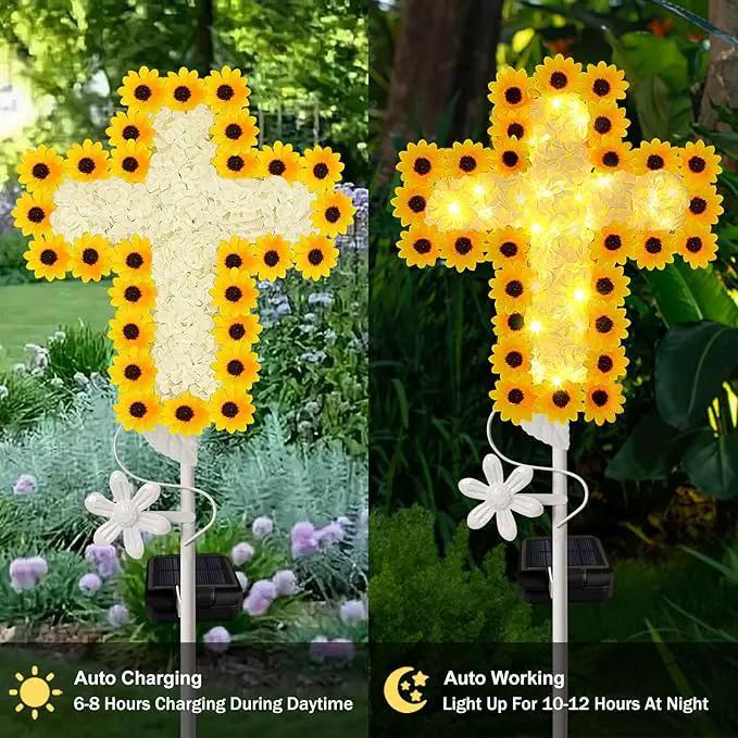 YJFWAL 2 Pack Solar Daisy Cross Garden Stake Lights, Yard Solar Lights Cemetery Decorations for Grave Outdoor Light Jesus Cross Sympathy Memorial Gifts for Grandmother, for Garden Yard Lawn Pathway by GreenHaven Gardens