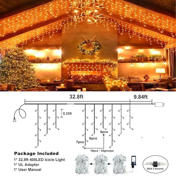 Icicle Lights for Outside, 33FT 400 LED Christmas Lights with 8 Modes Waterproof, Plug in Connectable Curtain Hanging Lights for Outdoor Indoor House Roof Party Wedding, Orange by GreenHaven Gardens