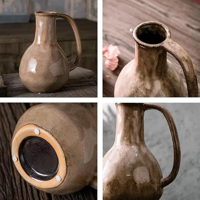 Brown Ceramic Vase with Big Handles, Modern Farmhouse Decor, Rustic Pottery for Flowers, Decorative Terracotta Centerpiece for Dining Table by GreenHaven Gardens