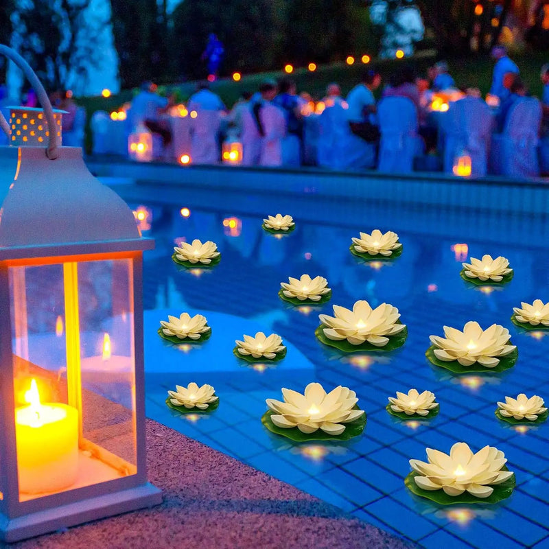 Liliful 24 Pcs Diwali Lotus Decoration Pool Floating Lights, Artificial Flowers Lotus with LED,Lily Pads Water Lantern for Indian Puja Home Decoration(3.94 Inch, 5.91 Inch,White) by GreenHaven Gardens