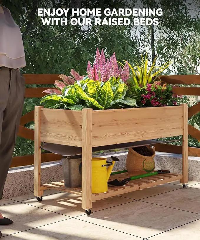 Raised Garden Bed with Legs and Wheels, Wooden Raised Planter Box with Storage Shelf, Protective Liner, Mobile Elevated Wood Planter for Backyard, Patio, Balcony Natural, 48"×24"×30" by GreenHaven Gardens