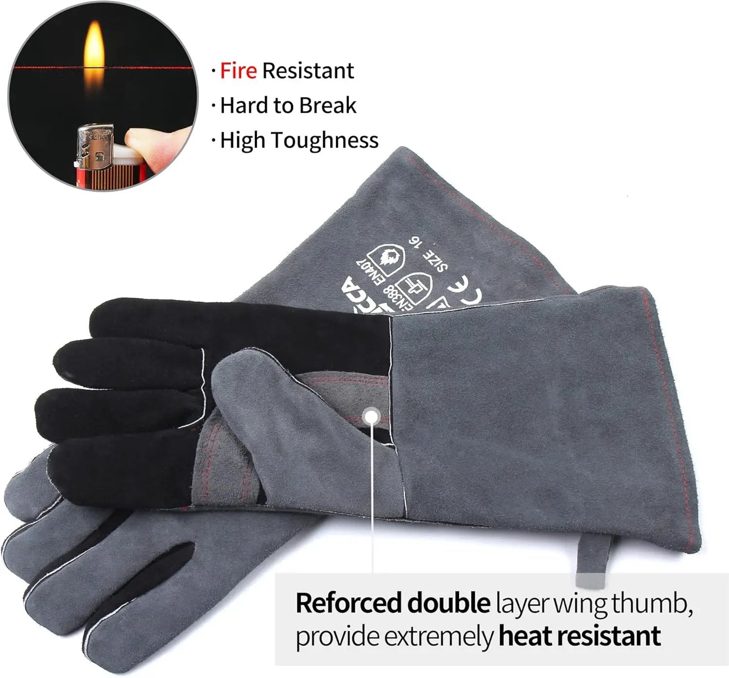 RAPICCA Fireplace Gloves Fire Heat Resistant: Grey 16IN 662℉- Fireproof Leather for Fireplace Fire pit Wood stove Campfire Furnace BBQ Grill Oven Stick Mig Welding Welder Gear - Birthday Gift for men by GreenHaven Gardens