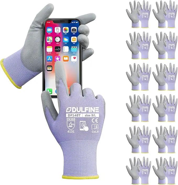 DULFINE Work Gloves for Men PU Coated 12 Pairs Bulk Pack,Purple Seamless Knit Glove with thin Polyurethane,Two Finger Touchscreen, for Men and Women, Ideal for Light Duty Work. (Large) by GreenHaven Gardens