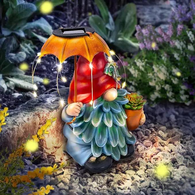 Solar Outdoor Statues Gnome Garden Decor, Garden Gnome with Solar LED Umbrella Decorative for Patio, Balcony, Lawn, Yard Ornament - Unique Gardening Gifts for Mom Grandma by GreenHaven Gardens