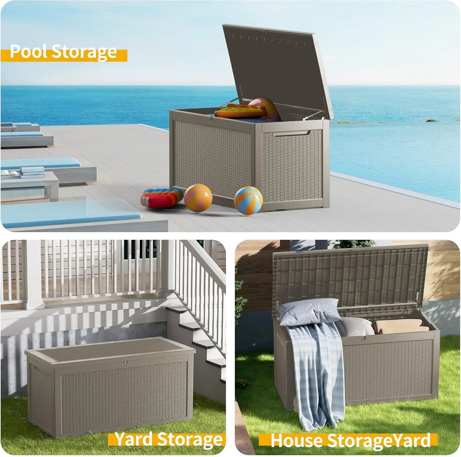 320 Gallon Waterproof Large Resin Deck Box Indoor/Outdoor Lockable Storage Container and Seating for Garden, Pool, and Patio (320 Gallon, Grey) by GreenHaven Gardens