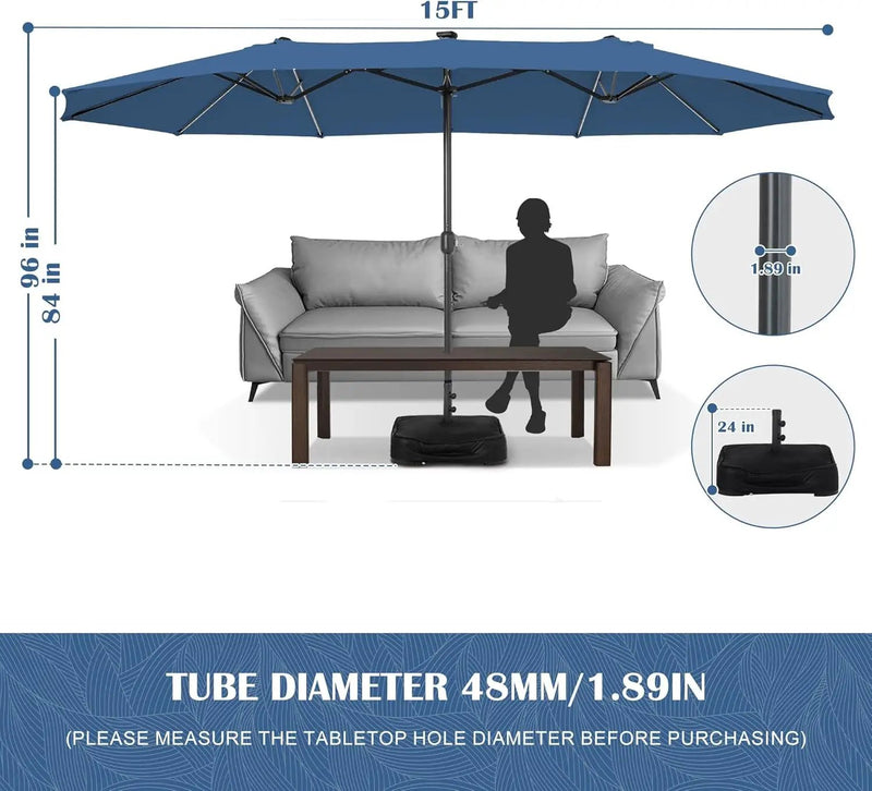 Sundale Outdoor Solar 144 LED 15 ft Patio Umbrella with Sandbag Base Included and Cover, Outdoor Double-Sided Umbrella, Navy by GreenHaven Gardens