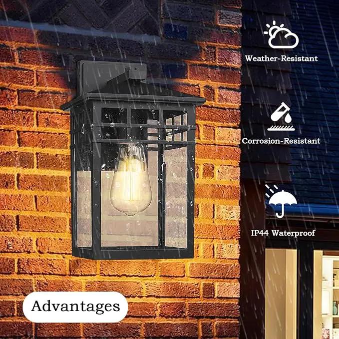 Outdoor Light Fixture Wall Mount, Modern Exterior Lights Fixture Wall Sconces with Seeded Glass for Front Porch, Farmhouse Waterproof Black Carriage Lantern Lamp Outside for Home, Garage, 2 Pack by GreenHaven Gardens