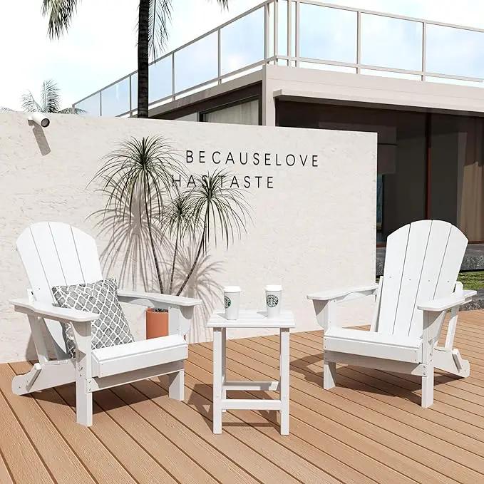 WO Home Furniture Adirondack Chair Table Set of 2 PCS Outdoor Folding Chair w Side Table Weather/UV Resistant for Lawn, Garden, Bon Fire, Balcony (White) by GreenHaven Gardens