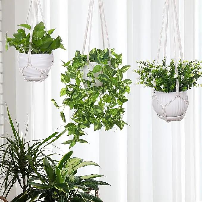 YIBOT 3 Pack Macrame Plant Hanger Indoor Hanging Planter Basket with 3 Hooks, 35"/29"/23" Crochet Plant Holder Stand No Tassels for Indoor Outdoor Boho Home Decor, Ivory (POTS NOT Included) by GreenHaven Gardens