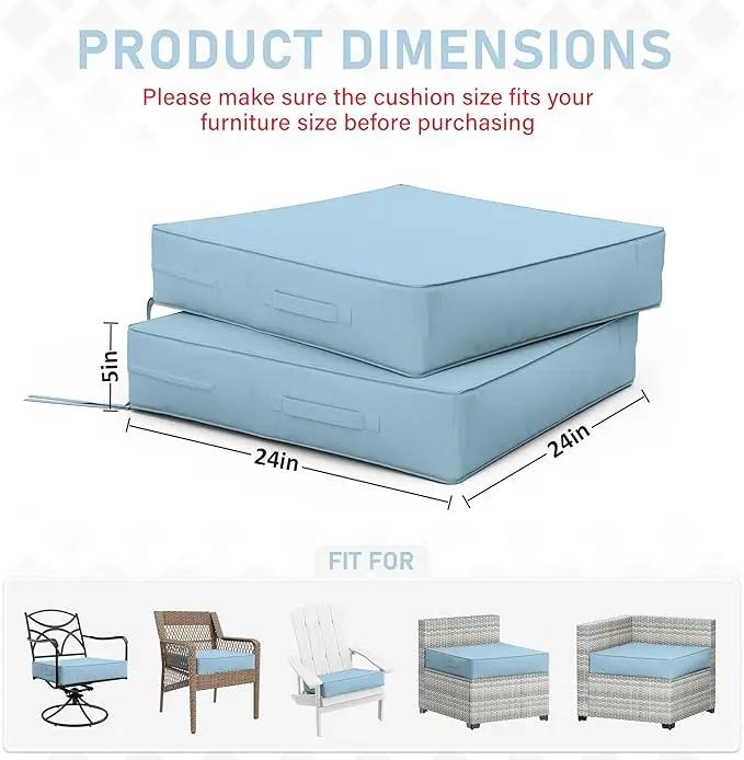 Patio Chair Cushions 24 X 24 X 5 Inch Waterproof Outdoor Seat Cushions for Patio Furniture, Outdoor Sofa Couch Pads with Ties & Handle, Set of 2, Light Blue by GreenHaven Gardens