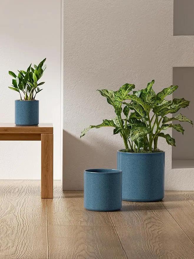LE TAUCI Ceramic Plant Pots Indoor, 10 Inch 8 Inch 6 Inch Planters for Indoor Plants, Mid-Century Modern Flower Pots with Drainage Hole, Cylinder Round Planter Pots, Set of 3, Reactive Glaze Blue by GreenHaven Gardens