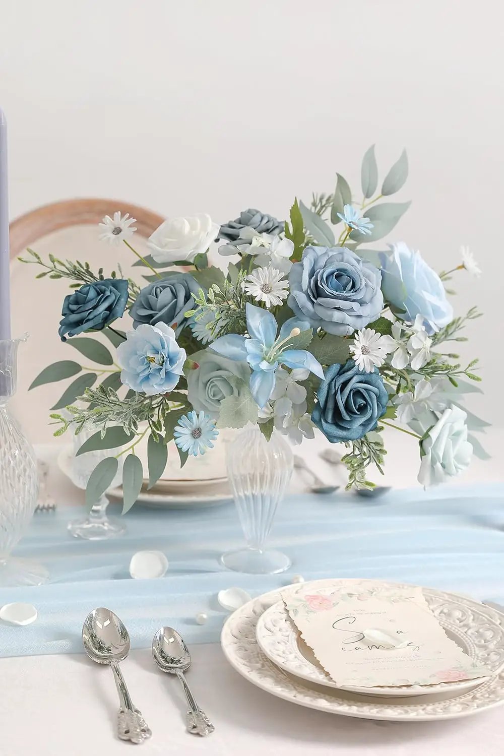 Blue Artificial Flowers Silk Fake Roses Peonies Greenery Combo Box Set for DIY Wedding Bouquets Bridal Shower Centerpieces Floral Arrangements Party Tables Home Decoration by GreenHaven Gardens