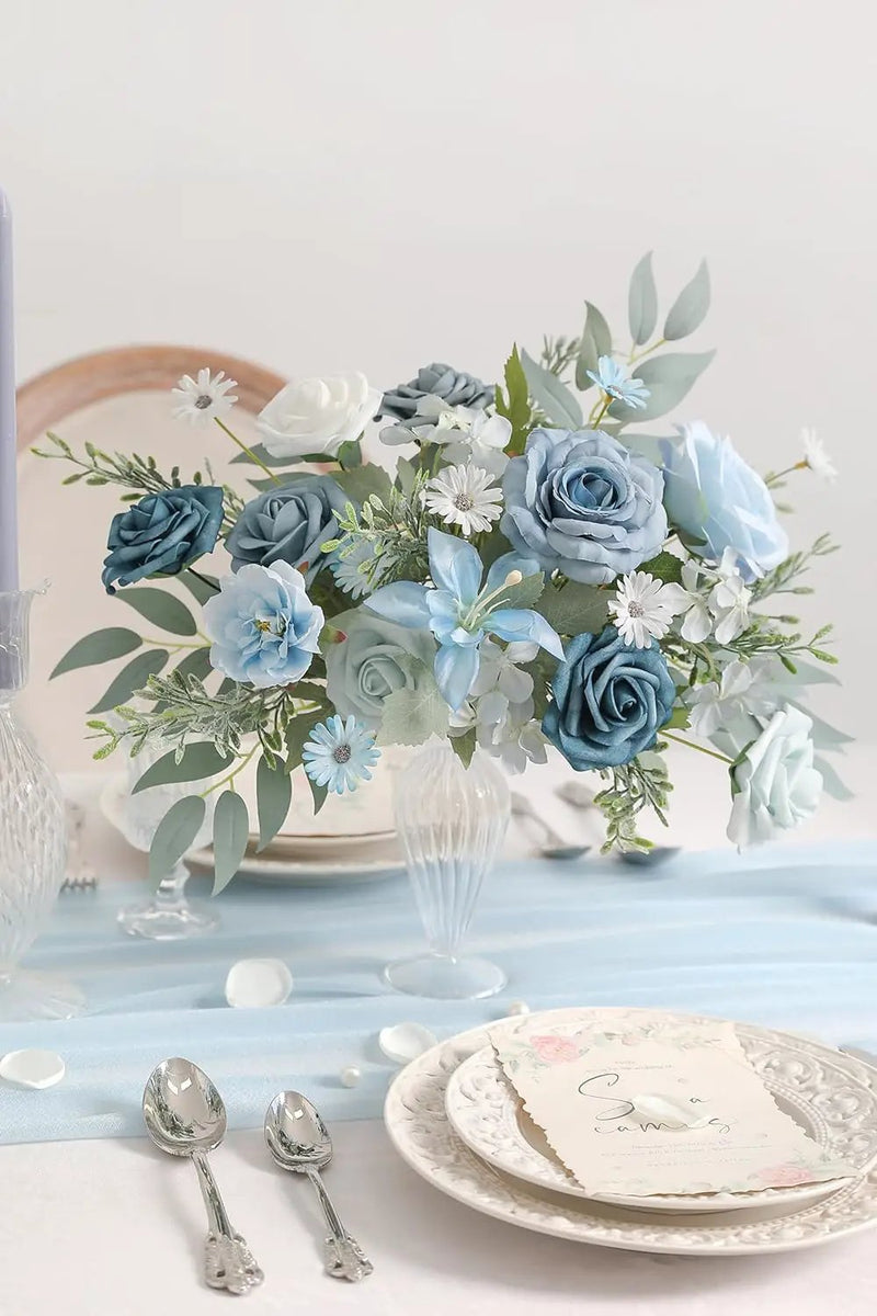 Blue Artificial Flowers Silk Fake Roses Peonies Greenery Combo Box Set for DIY Wedding Bouquets Bridal Shower Centerpieces Floral Arrangements Party Tables Home Decoration by GreenHaven Gardens