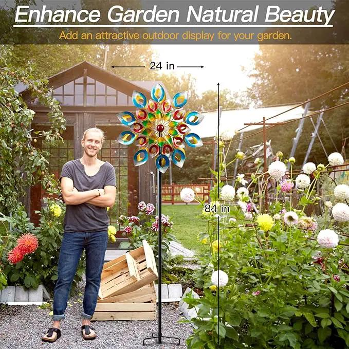 Yard Garden Wind Spinners with Stake - Large Outdoor Metal Wind Spinners, Lawn Yard Art Garden Decor (24" W x 84" H) by GreenHaven Gardens