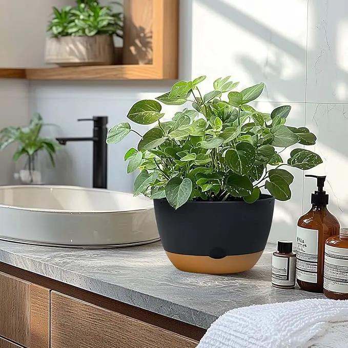 8 Inch Pots for Indoor Plants, Self Watering Planters with Drainage and Saucers, Plastic Outdoor Flower Pot, Set of 2, Grey by GreenHaven Gardens