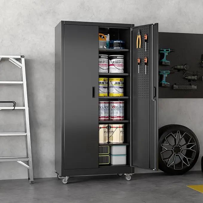 71" H×34" W×18" D Metal Garage Storage Cabinet with Wheels & Pegboard, Lockable Metal Storage Cabinets with 2 Doors&5 Adjustable Shelves for Garage&Home,Assembly Required,Black by GreenHaven Gardens