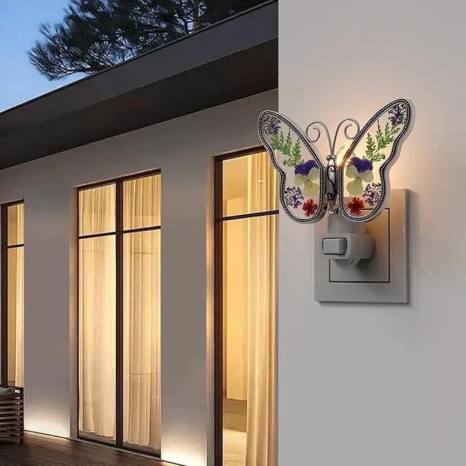 KY&BOSAM Butterfly Night Light Plug into Wall Night Lights Real Flower Glass and Metal Nightlights for Hallway Nursery Bedroom Bathroom Kids Room Kitchen Stairway Accent Elegant Themed Home Decoration by GreenHaven Gardens