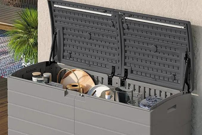 Suncast 120-Gal. All-Weather Patio Deck Box with Pad-Lockable Split Top Lid, Extra-Large Outdoor Storage Unit for Patio Furniture and Grill Tools, Made in the USA by GreenHaven Gardens