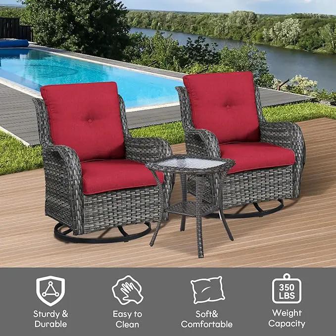 Outdoor Swivel Rocker Wicker Chairs Set of 3, High Back Swivel Patio Chairs Wicker Furniture Set, 2 PCS Rattan Swivel Rocking Chair with Side Table, Red Cushion by GreenHaven Gardens