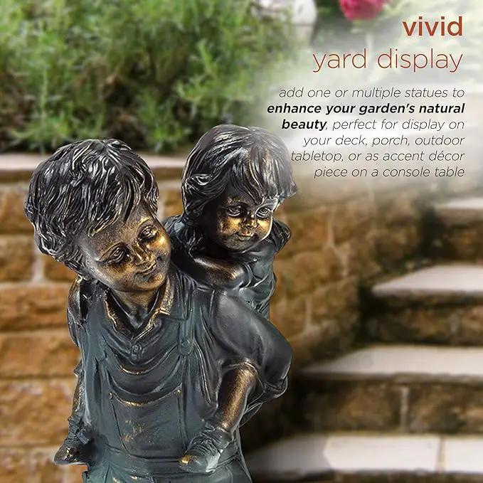Alpine Corporation 16" Tall Indoor/Outdoor Patina Finish Piggyback Kids Yard Statue Decoration by GreenHaven Gardens