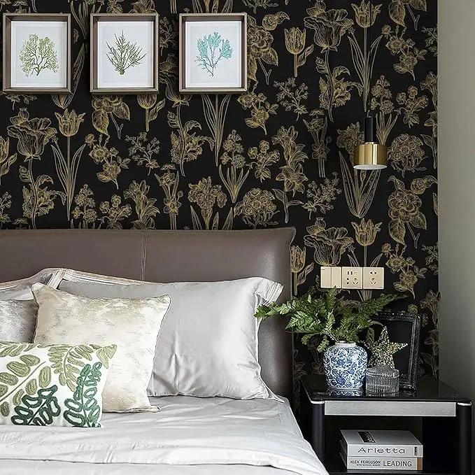 Dimoon 393"x17.3" Floral Wallpaper Peel and Stick Flowers Golden Black Contact Paper Thicken Waterproof Modern Self Adhesive Plants Wallpaper Removable Wall Paper Shelf Vinyl Roll by GreenHaven Gardens