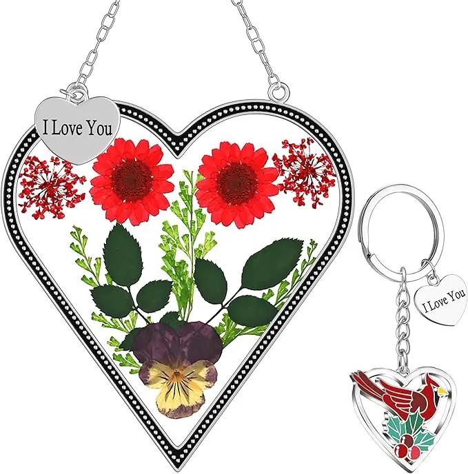 KY&BOSAM Heart Suncatcher Gift for Mom I Love You Heart Wind Chime for Windows Pressed Flower Between Heart in Glass and Metal Engraved Charm Birthday Gift for Women Mother's Day Valentine's Christmas by GreenHaven Gardens