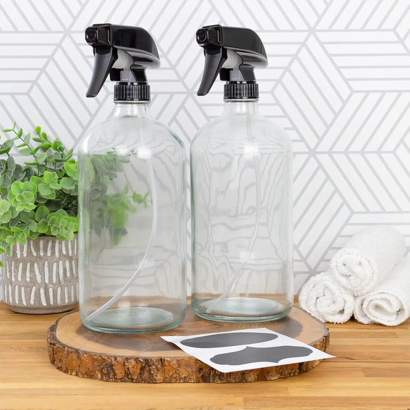 Cornucopia 32oz Glass Spray Bottles (2-Pack, Clear); Quart Bottles w/ 3-Setting Adjustable Trigger Sprayers; Includes Chalk Labels by GreenHaven Gardens