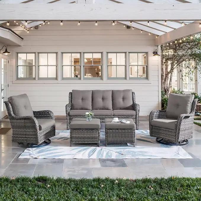 5 Piece Outdoor Patio Furniture Set - Wicker Furniture Patio Conversation Set, Outdoor Swivel Rocker Chairs with 3-Seater Sofa and 2 Ottomans for Small Space, Gray Cushion by GreenHaven Gardens