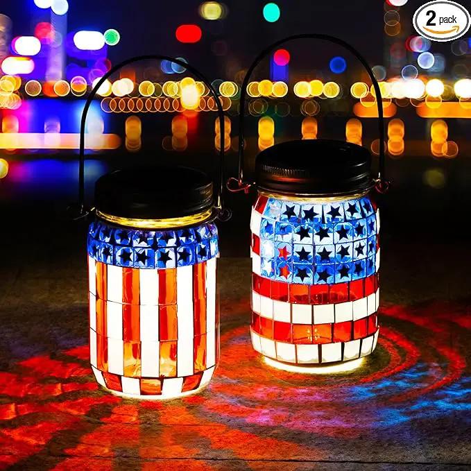 VOREEN 2 Pack Mosaic Solar Lanterns, Outdoor Glass Hanging Lights, Solar Table Lamps, Waterproof, American Flag Jar Lights Gifts, Patriotic Theme Decoration for Garden, Patio, Yard, Easter Gifts by GreenHaven Gardens