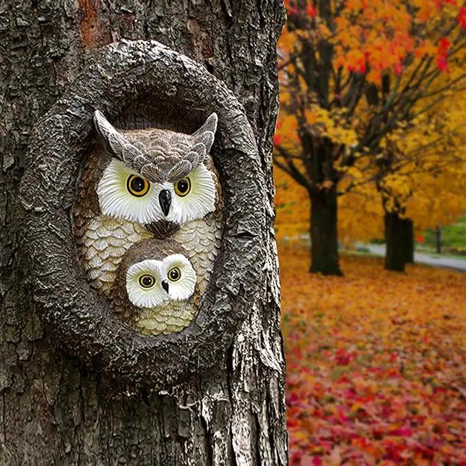Owl Mom and Owlet Tree Hugger, Outdoor Garden Sculpture Tree Faces, Owl Bird Garden Resin Statue, Tree Peeker Ornament, Durable & Waterproof, Decorations Gardening Presents for Housewarming Birthday by GreenHaven Gardens
