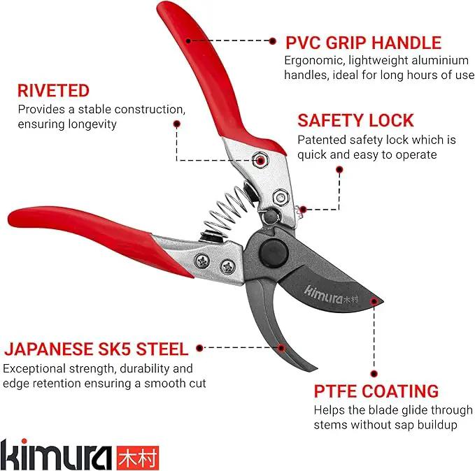 Kimura® 8" Pro Bypass Pruning Shears, Heavy Duty Japanese SK5 Steel Blades, 1 inch Cut Capacity, Non-Slip PVC Coated Handles, Lightweight & Ergonomic, Japanese Pruners, Professional Garden Clippers by GreenHaven Gardens