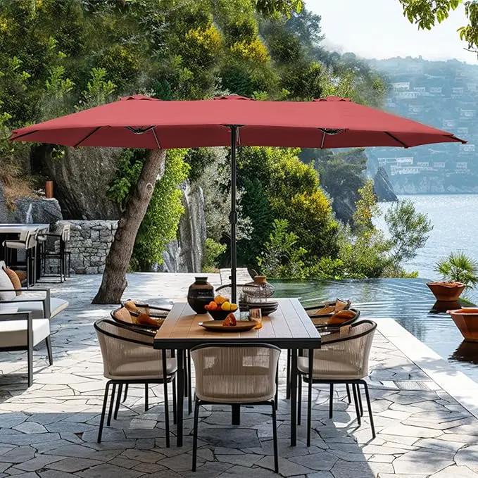 GREEN PARTY 15 ft Rectangle Patio Umbrella with Base Included, Double-Sided Table Umbrella with Crank, Large Outdoor Umbrellas for Patio Poolside Garden Backyard, Burgundy Red by GreenHaven Gardens