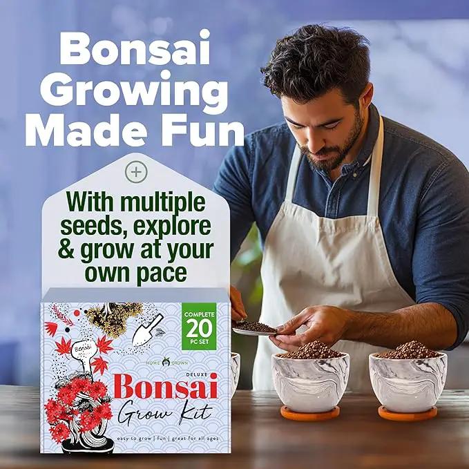 HOME GROWN Bonsai Tree Kit - Premium Ceramic Starter Kit - 4 Variety of Bonsai - Unique Gift for Men and Women Gardeners (BK2-2nd-MF) by GreenHaven Gardens