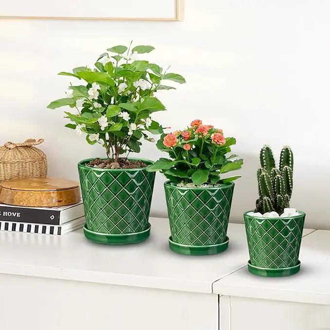 EFISPSS Ceramic Plant Pots, 4+5+6 Inch Pots for Indoor Plants, Flower Pots with Drainage Hole and Tray,Indoor/Outdoor Usage, Modern Style Garden Pots Set of 3 - Patina by GreenHaven Gardens