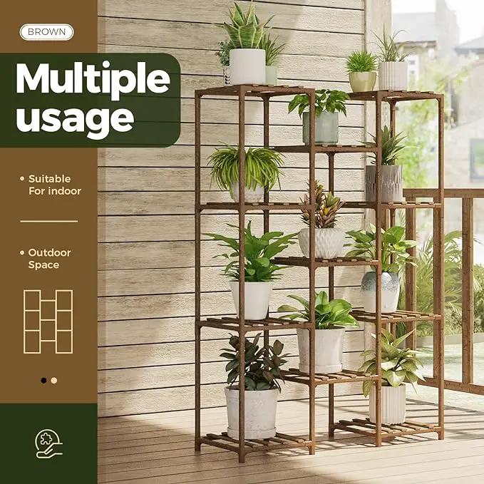 Bamworld Plant Stand Indoor Outdoor Tall Plants Shelf for Multiple Plants Pots Wood Flower Stand Large 11 Pots Plant Holder for Living Room, Patio, Balcony, Garden by GreenHaven Gardens