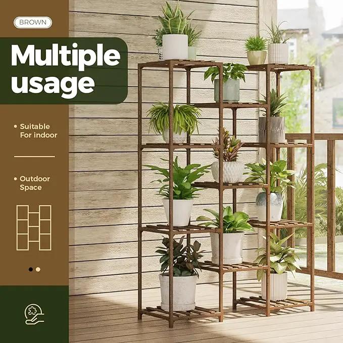 Bamworld Plant Stand Indoor Outdoor Tall Plants Shelf for Multiple Plants Pots Wood Flower Stand Large 11 Pots Plant Holder for Living Room, Patio, Balcony, Garden by GreenHaven Gardens