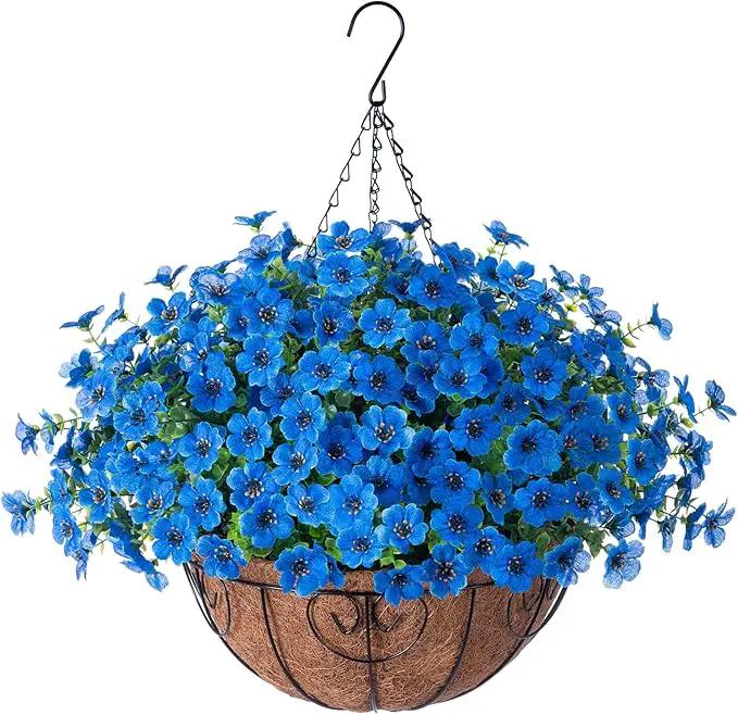Artificial Fake Hanging Plants Flowers with Basket Outdoor Decor Faux Silk Daisy Flower Arrangements in Pot Planter for Porch Home Indoor Patio Garden Yard Decoration, Blue by GreenHaven Gardens