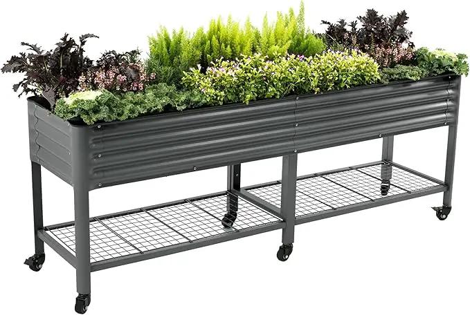 Rolling Elevated Raised Garden Bed-V Series, 2' x 8' Garden Beds with Legs & Storage Rack for Patio & Porch, 1400 Lbs Weight Capacity, Outdoor Planter Box for Vegetables Flower Herbs, Modern Gray by GreenHaven Gardens