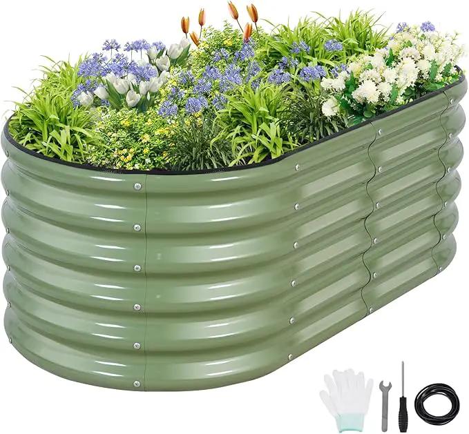 Galvanized Raised Garden Bed - 4x2x1.4FT Metal Planter Boxes Outdoor | Oval Steel Raised Bed Kit for Gardening with Protective Tape, Gloves for Vegetables, Flower, Herb (Green) by GreenHaven Gardens