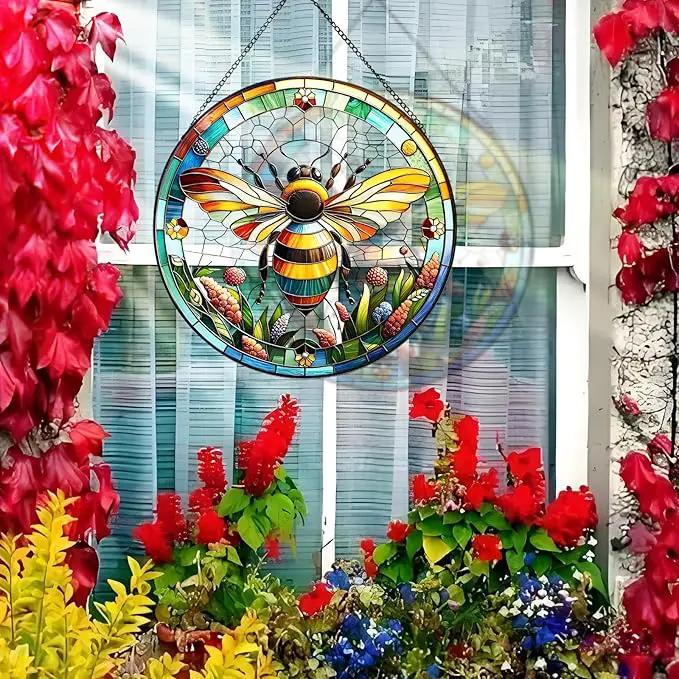 RIVEENY Bumblebee Stained Glass Window Hangings,8''Bee Suncatcher Stained Glass Window Panel Gift for Christmas Anniversary Birthday Mother's Day by GreenHaven Gardens