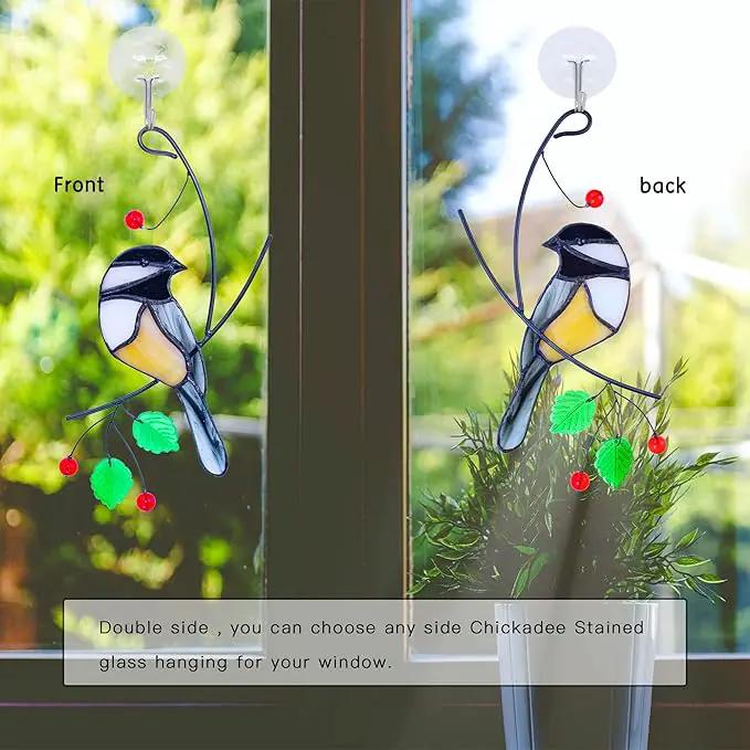 Lolitarcrafts Chickadee Stained Glass Suncatcher Bird Stained Glass Window Hangings for Window Decoration by GreenHaven Gardens