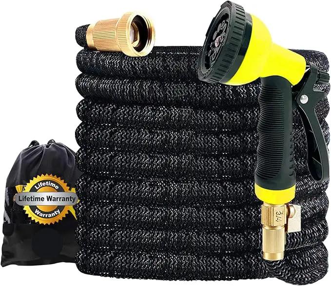 J&B XpandaHose 150ft Expandable Garden Hose with Holder - Heavy Duty Superior Strength 3750D - 4 -Layer Latex Core - Extra Strong Brass Connectors and 10 Spray Nozzle w/Storage Bag (Black 150) by GreenHaven Gardens