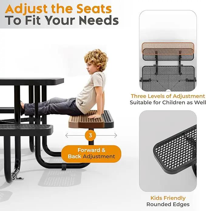 Metal Picnic Tables for Outdoors with Umbrella Hole - Coated Steel Heavy Duty Commercial Grade Table with Adjustable Seats (Black, 46 in, Square, Expanded Steel) by GreenHaven Gardens