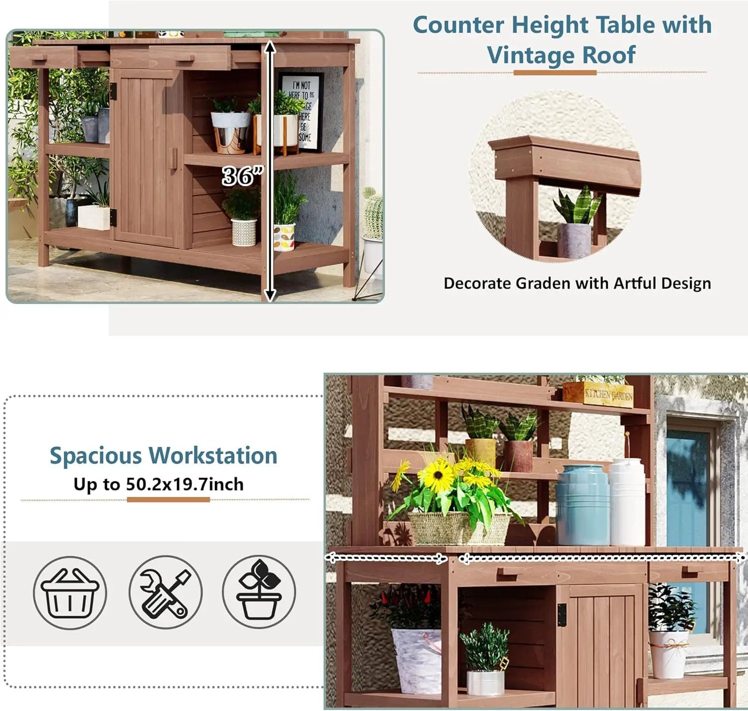 Merax 66" Large Outdoor Farmhouse Wooden Potting Bench Table, Garden Workstation with 2 Drawers, Cabinet, and Open Shelves for Backyard, Mudroom, Brown by GreenHaven Gardens