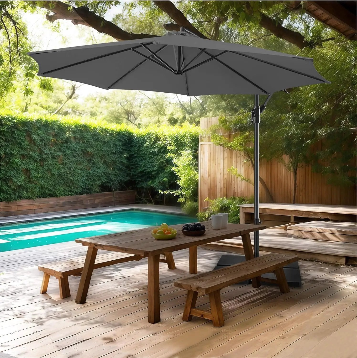 FLAME&SHADE 10ft Cantilever Patio Umbrella Outdoor, Large Offset Umbrella with Crank and Cross Base, UPF 50+ UV Protection Hanging Umbrella for Pool Deck Garden, Anthracite by GreenHaven Gardens