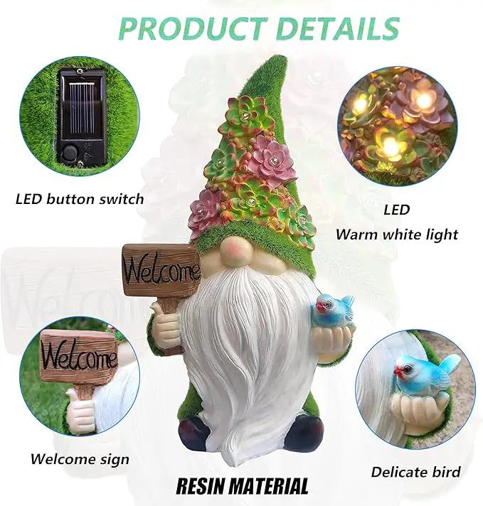 Solar Gnomes Garden Statues,Resin Gnome Figurine Holding Welcome Card and Bird with Solar Lights, Outdoor Gnomes Decorations for Yard Patio Lawn Porch, Garden Gifts by GreenHaven Gardens